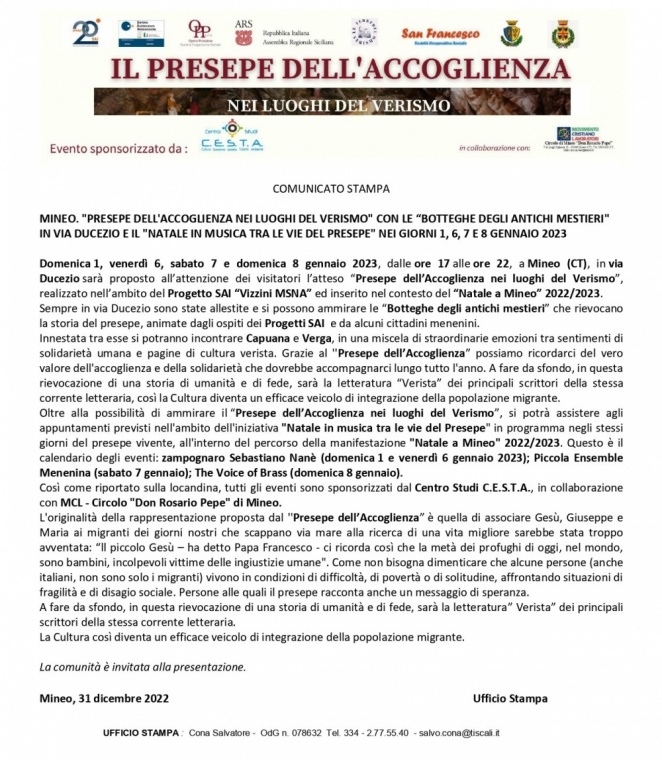 Com. Stampa (31.12.2022) MINEO. "PRESEPE DELL'ACCOGLIENZA NEI LUOGHI DEL VERISMO" CON LE “BOTTEGHE DEGLI ANTICHI MESTIERI" IN VIA DUCEZIO E IL "NATALE IN MUSICA TRA LE VIE DEL PRESEPE" NEI GIORNI 1, 6, 7 E 8 GENNAIO 2023